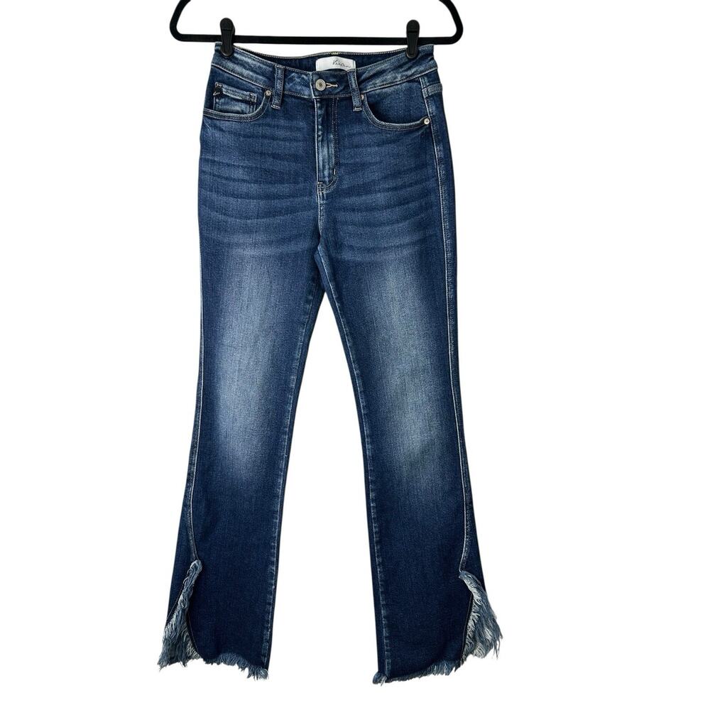 Kancan Jeans Womens Size 26 Fray Split Hem High Waisted Flare Dark Wash Fringe